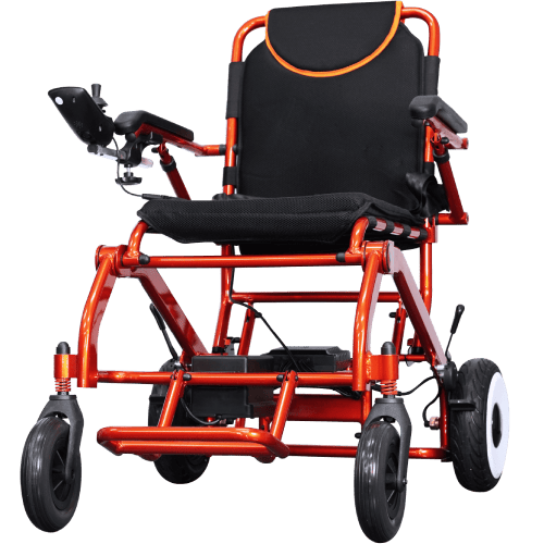 An orange and black wheel chair on a black background.