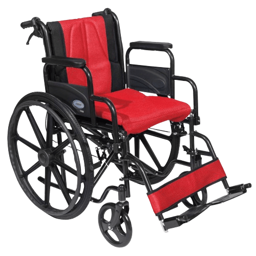 A red and black wheelchair on a black background.